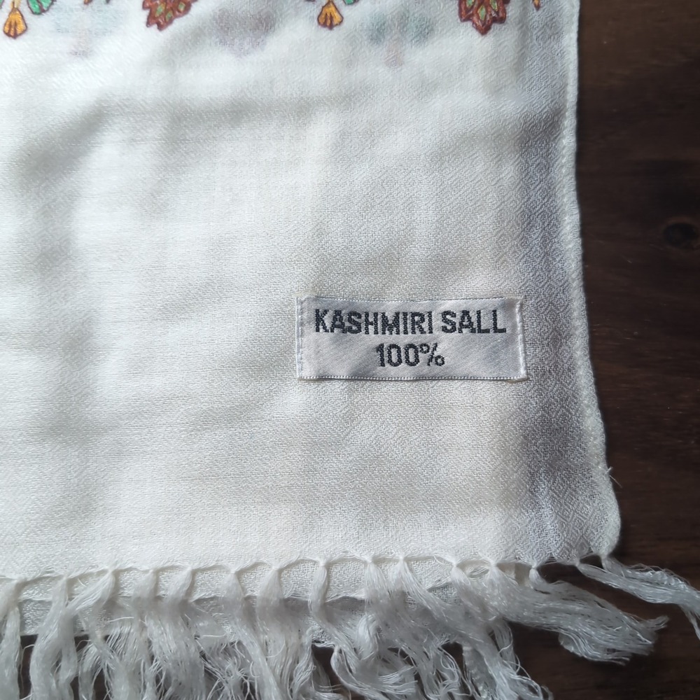 Kashmiri Sall White Hand Embroidered Floral Wool Pashmina Shawl Scarf Wrap 28x72